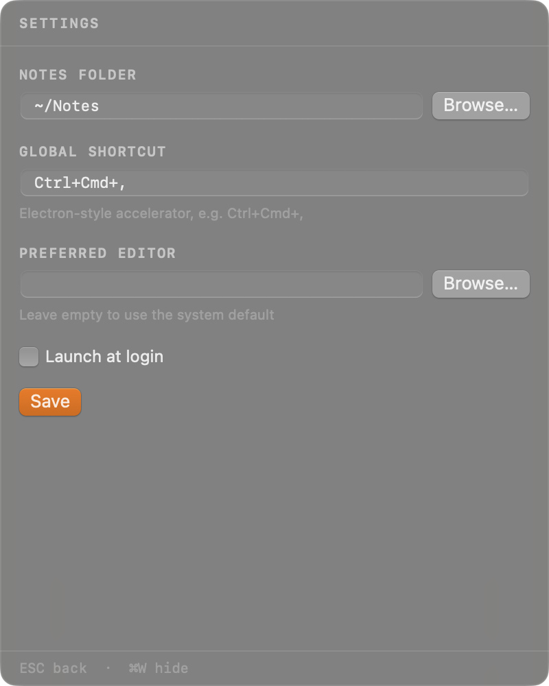 Settings view with notes folder, shortcut, editor and launch-at-login.